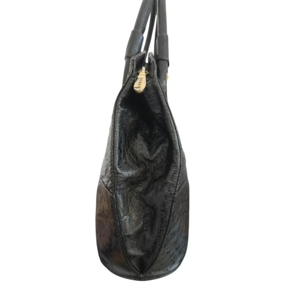 Vintage Bally Black Genuine Ostrich Leather Top Handle Bag Gold Hardware